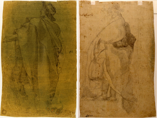 Jacopo da Empoli-Figura maschile drappeggiata con cappello sul capo, vista da tergo e volta verso sinistra (recto) - Figura maschile drappeggiata con cappello sul capo, volta di profilo verso sinistra e piccolo schizz